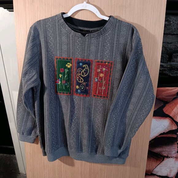 Jenny Buchanan PM Gray Pullover Sweater Embroidered Floral Patchwork Long Sleeve - Picture 5 of 6